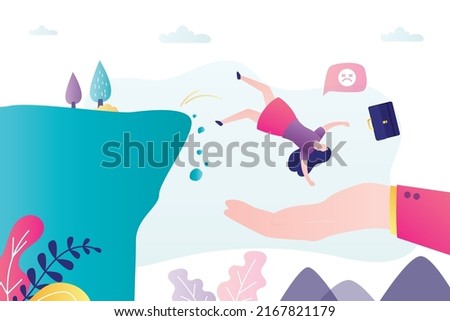 Businesswoman falls off cliff. Big hand catches and helps female investor. Financial insurance, assistance. Mentor supports business beginner overcomes obstacles and difficulties. Risk management.