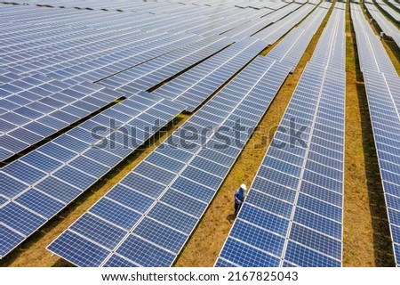 Aerial view of Solar panel, photovoltaic, alternative electricity source - concept of sustainable resources on a sunny day, Thuan Bac, Ninh Thuan, Vietnam