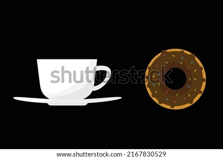 White cup of coffee and donut on black background. Vector illustration