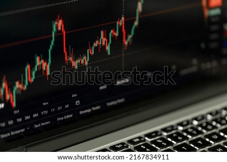 Trading chart displayed on the screen of the laptop. Stock market, trend line in a candlestick form. Royalty-Free Stock Photo #2167834911