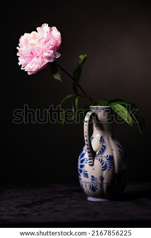 Classy studio lit pink white peony in a classic Delft pottery jug on black.