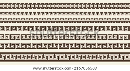 Greek key pattern, seamless border collection. Decorative ancient meander, Greece ornamental set with repeated geometric motif. Vector EPS10. Royalty-Free Stock Photo #2167856589