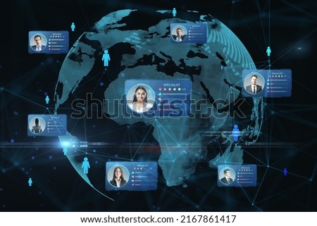 International freelancer search service with digital cards contain profile information and face photos and blue human signs on world globe background