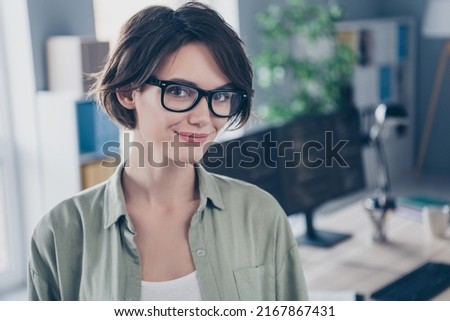 Portrait of pretty satisfied intelligent person look camera wear casual outfit daylight office building