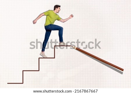 Creative collage of running person climb stairs big pencil drawing growth line up success progress checkered exercise copybook pattern background