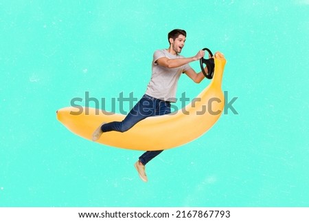 Creative collage picture of excited crazy person sitting hands hold wheel steer huge flying banana isolated on turquoise background