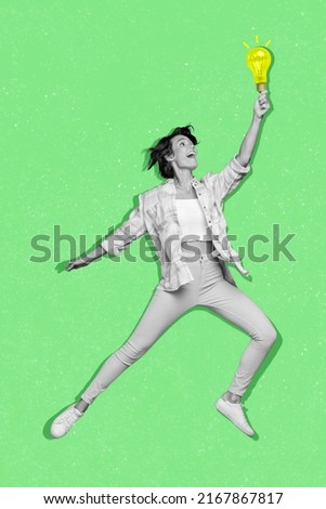 Vertical collage picture of excited person black white colors fly arm hold light bulb bright idea isolated on drawing green background