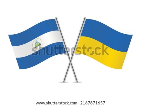 The Republic of Nicaragua and Ukraine crossed flags. Nicaraguan and Ukrainian flags on white background. Vector icon set. Vector illustration.