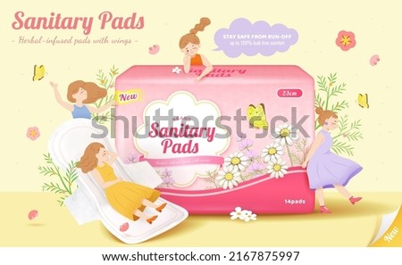 Sanitary pads promo ad. 3D Illustration of sanitary pad packages with flowers and miniature girls around, and one of them lying on a realistic sanitary pad with double wings on yellow background Royalty-Free Stock Photo #2167875997