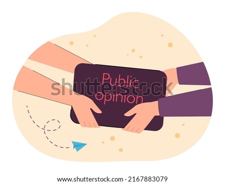 Public opinion banner in human hands flat vector illustration. Society, judgment, democracy, meeting, discussion, message, audience concept for banner, website design or landing web page