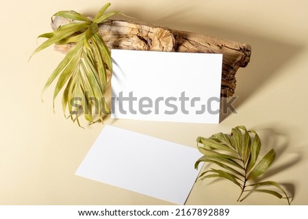 Mockup with blank horizontal sheets of paper with copy space. Hard sunlight and shadows on a beige background with palm leaves and a log. Template for business layout. Top view, flat lay