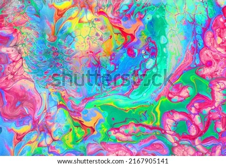 Psychedelic abstract background with mixed acrylic paints. Design Trend: Psych Out or Free form flow. Summer Color Trends, Attention-grabbing Palettes.