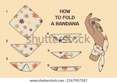 Bandana folding infographic instruction with female hand in wrist scarf. Vector illustration. Editable stroke. Cartoon or retro style design isolated on beige backdrop. Royalty-Free Stock Photo #2167907287