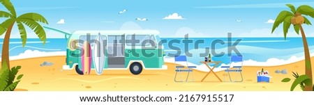 Retro vintage travelling van on the beach with surfboards. Camping, road trip, summer concept. Picnic chairs and table. Flat vector illustration, tropical landscape
