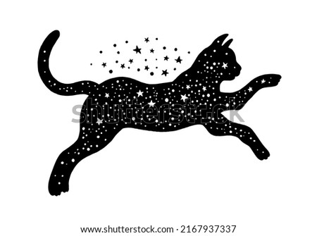 Black cat. Witch halloween magic vector. Mystic cat icon silhouette. Animal illustration with moon, star on black background. Gothic or boho tattoo, print, logo. Cute sketch with mystic cosmos element