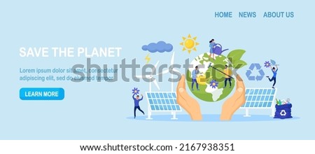 People Trying to Save Planet Earth from Climate Change. Person Planting and Watering Trees. Global Warming. Characters Collecting Plastic Trash into Recycling Garbage Bin, Use Alternative Energy