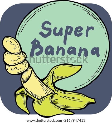 Sweet yellow banana fruit decorative frame border for product etiquette label. Vegan, bio, organic food. Design template. Hand drawn vintage vector illustration. Old style colourful cartoon drawing.