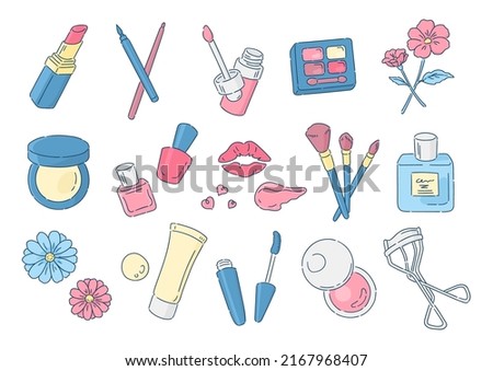 Clip art of set of makeup tools. Illustration set on the theme of beauty, make-up. 