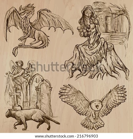 Halloween (Monsters, Magic and Fairy Tales) - Collection (no.6) of an hand drawn illustrations. Each drawing comprise of two (or three layer) of outlines, the colored background is isolated.
