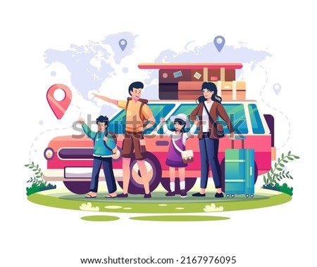 Happy Family traveling on the summer holiday or vacation. Family with children travel around the world by car. Vector illustration in flat style