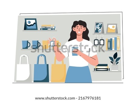 Woman with souvenirs. Girl buys mug and keychain with printed company or country logos. Tourist carries gifts from her trip to friends, colleagues and family. Cartoon flat vector illustration Royalty-Free Stock Photo #2167976181