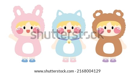 Set of cute girl in animal costume.Cartoon character design.Kid graphic.Rabbit,cat,bear hand drawn.Kawaii.Vector.Illustration.