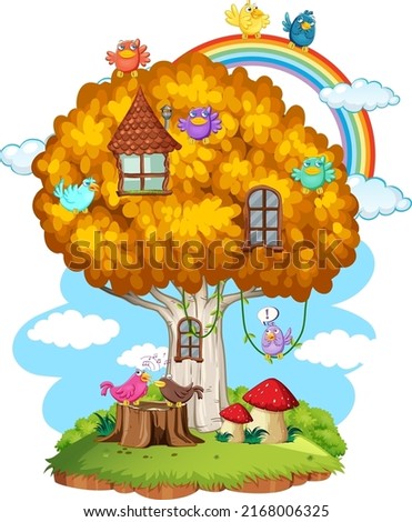 Fairy tree house with many birds illustration