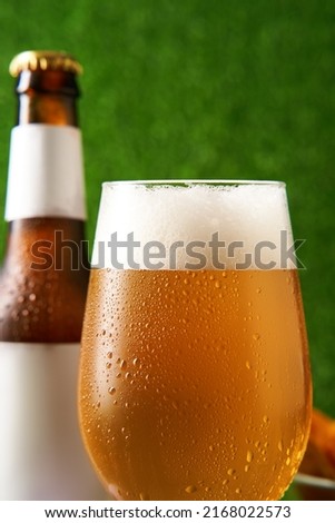 Bottle and glass of beer on the green grass background.
