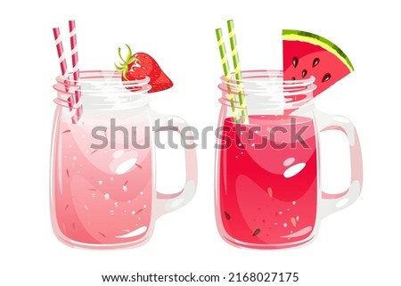 Strawberry and watermelon smoothie on a white background.Summer refreshing cocktails in jars with watermelon and fresh strawberries.Vector illustration. Royalty-Free Stock Photo #2168027175