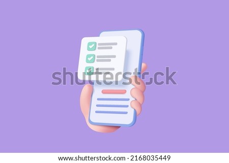 3d task management todo check list with mobile phone holding hand, 3d mobile list report for exam, fast progress, level up concept, assignment and exam. 3d check list icon vector render illustration Royalty-Free Stock Photo #2168035449