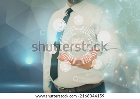 Inspiration showing sign Local Network. Internet Concept Intranet LAN Radio Waves DSL Boradband Switch Connection Businessman in suit holding open palm symbolizing successful teamwork. Royalty-Free Stock Photo #2168044159