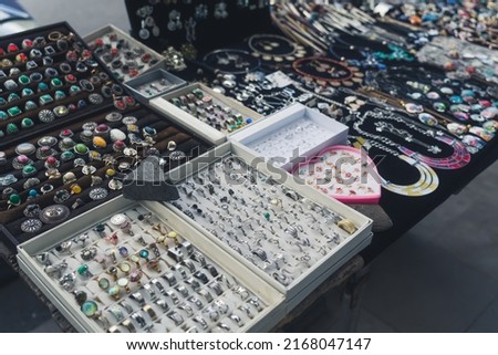 counter of jewelry at the flea market in Tbilisi, Georgia. High quality photo