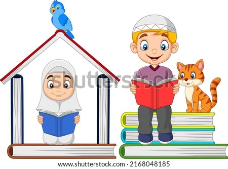 Cartoon Muslim kids reading a book with pile of books and forming a house