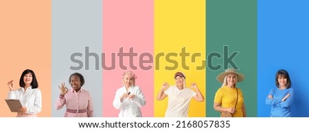 Group of stylish mature women on color background with space for text. Concept of ageing and menopause Royalty-Free Stock Photo #2168057835