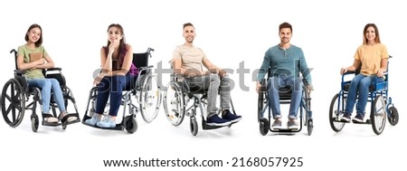 Set of optimistic people in wheelchair isolated on white Royalty-Free Stock Photo #2168057925
