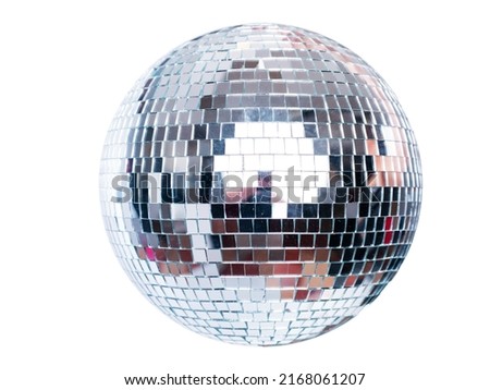 Shining Disco Ball dance music event equipment isolated on white  Royalty-Free Stock Photo #2168061207