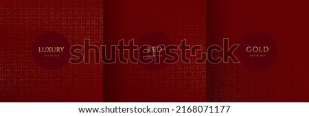 Set of shiny golden dots glitter pattern on dark red background. Collection of luxury and elegant halftone texture with copy space. Can use for cover template, poster, banner, print ad. Vector EPS10. Royalty-Free Stock Photo #2168071177