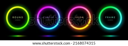 Blue, red-purple, green illuminate frame collection design. Abstract cosmic vibrant color circle border. Top view futuristic style. Set of glowing neon lighting isolated on background with copy space.