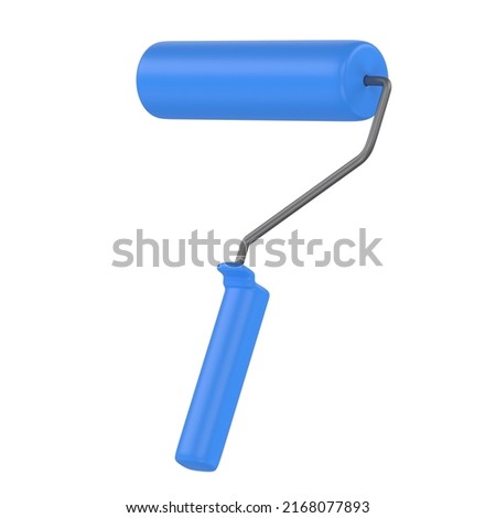 Paint roller with blue handle, painting tool isolated on white background, construction clip art. 3D rendering 3D illustration