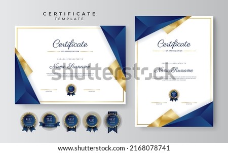Set of two certificate template with portrait and landscape design. Certificate of achievement border with luxury golden badge and modern line pattern. For award, business, and education needs