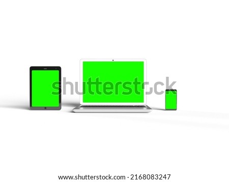 Labtop computer taplet and smartphone 3D render with isolate on white background,green screen background