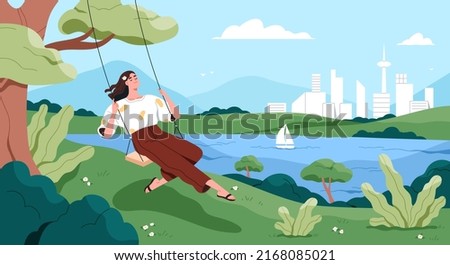 Happy relaxing on rope swings, hanging on tree, enjoying calm nature, solitude. Peaceful carefree young girl sitting on seesaw outdoors near water on summer holidays. Flat vector illustration Royalty-Free Stock Photo #2168085021