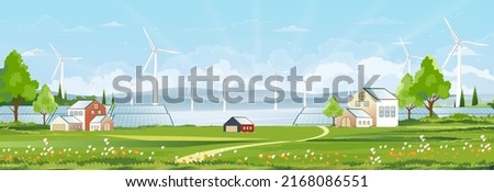 Spring landscape by the lake with windmill green field,Solar panel wind turbines install as renewable station energy sources for electricity and power supply,Vector nature rural by river sky and cloud Royalty-Free Stock Photo #2168086551