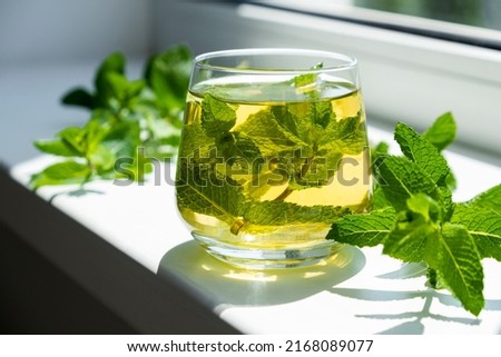 Ice tea with mint in glass with fresh mint leaves around. Homemade cold refreshing drink. Royalty-Free Stock Photo #2168089077