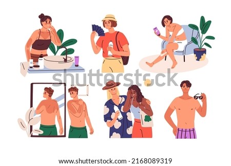 People with sunburn, sunstroke in summer heat. Men and women with sun stroke, burned and tanned body skin, dehydration, UV exposure. Flat graphic vector illustrations set isolated on white background Royalty-Free Stock Photo #2168089319
