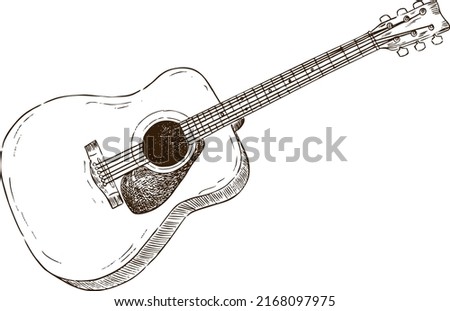 Illustration sketch acoustic guitar in black and white style. Vector illustration