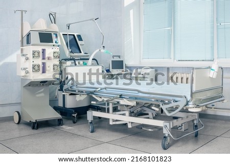The interior of the intensive care unit in the clinic, without people. Medicine and emergency care for patients. Royalty-Free Stock Photo #2168101823