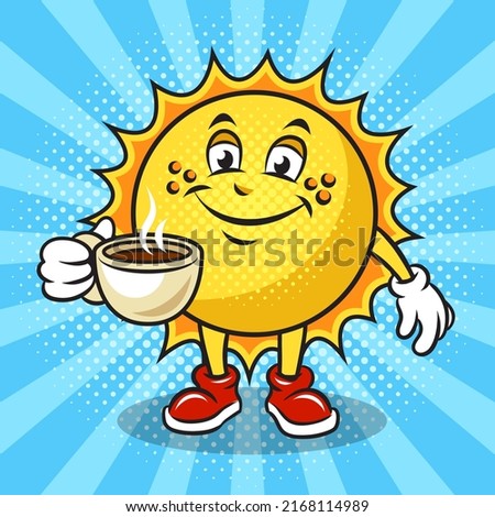 happy good cartoon sun with cup of coffee pop art retro vector illustration. Comic book style imitation.