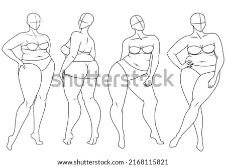 Plus Size Fashion Figure Templates. Exaggerated Croquis for Fashion Design and Illustration. Vector Illustration	
