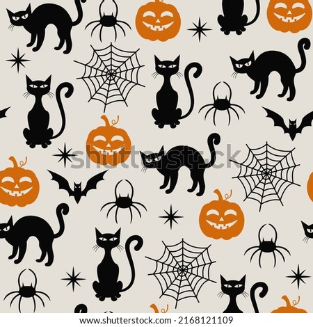 Seamless Halloween pattern. Vector illustration of Halloween party. Black cat, spider web and pumpkin on a light background. Halloween vector seamless pattern.